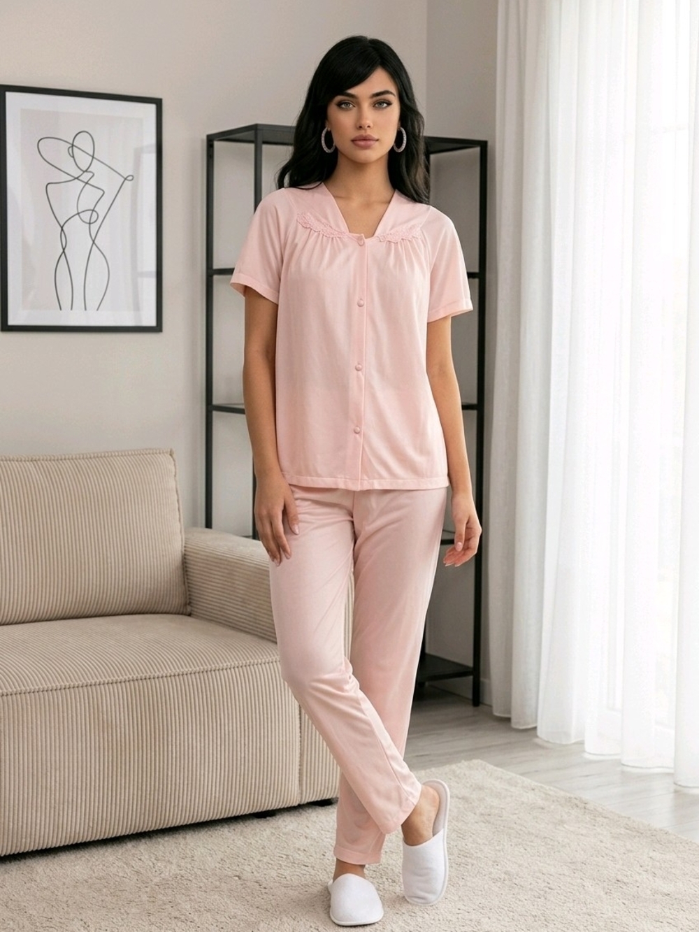 Vtg Vanity Fair Coloratura Pajama 2 Piece Set Covered Buttons Down the Front L